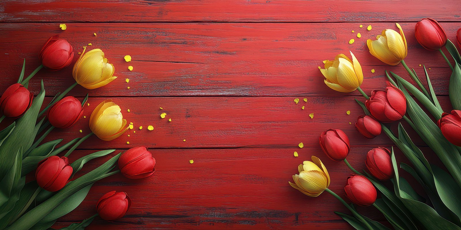 Red wooden background adorned with vibrant tulips and scattered petals for a cheerful spring celebration